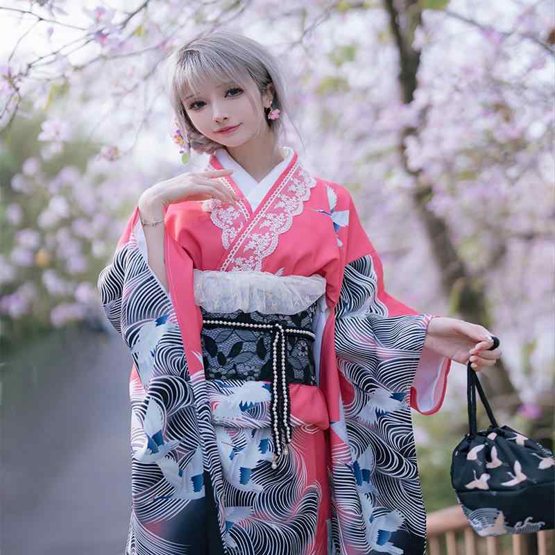 Kimono - 着物 レディース 日本 和風 伝統 大振袖 和服 鶴柄 模様 浴衣 ポリエステル コスプレ 祭り イベント ピンク系