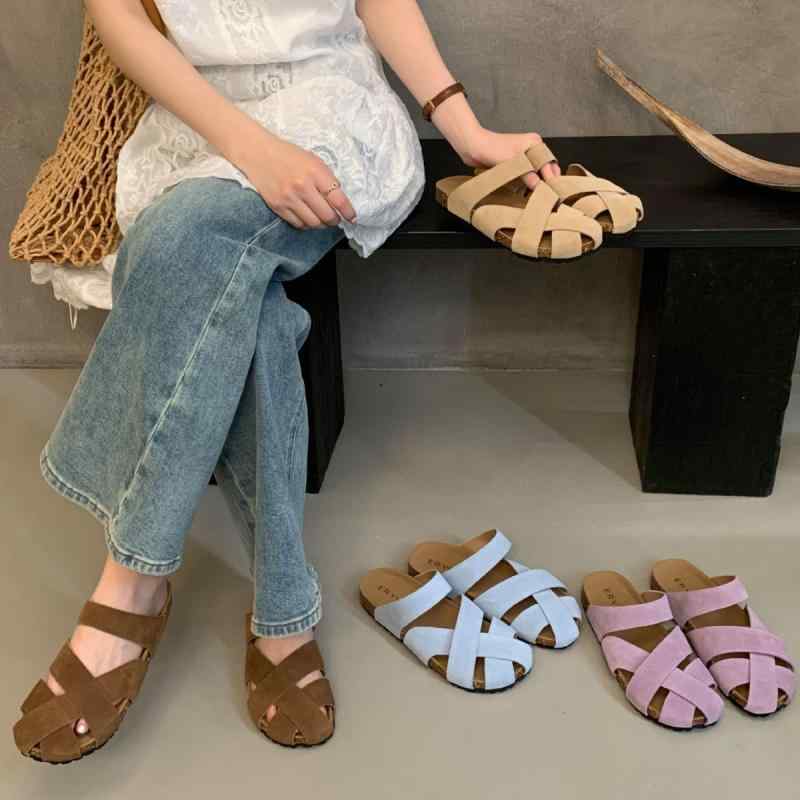 レディース 沙滩凉鞋 蹬包头 套趾 丸頭 花朵 装飾 快適 ビーチサンダル ドラッグシューズ PU 素材 ラバー底 韓国スタイル ブルー 紫 ブラウン 杏 春冬 オールシーズン 普段使い アウトドア 軽量 通勤 旅行 丸頭 デザイン 花柄 アクセント 柔