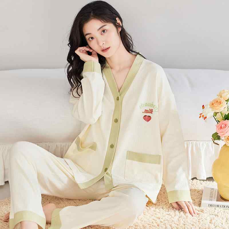 パジャマ レディース 春秋 長袖 長ズボン 綿100% 上下セット Vネック 前開き 秋冬 部屋着 ルームウェア 寝間着 婦人服 女性用 かわいい リラックス ウェア