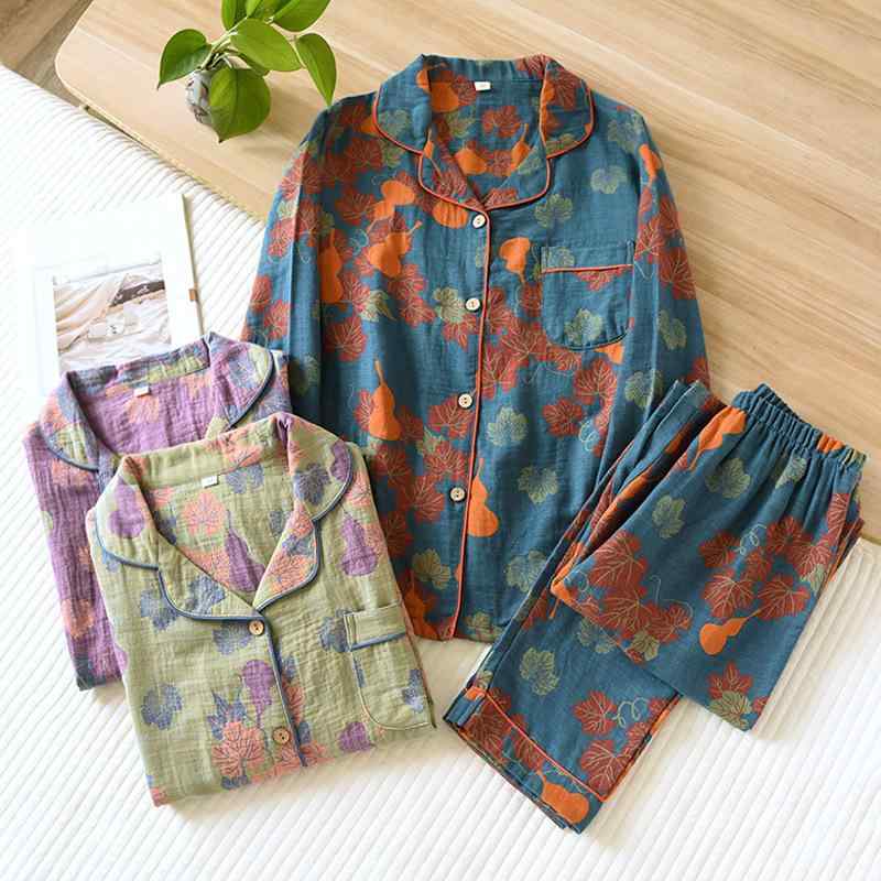 Kimono - パジャマ レディース 和風 ルームウェア 上下セット 綿 薄手 浴衣 寝巻き 半袖 短パン 春夏秋 涼しい 快適 部屋着 M L XL ブルー パープル グリーン