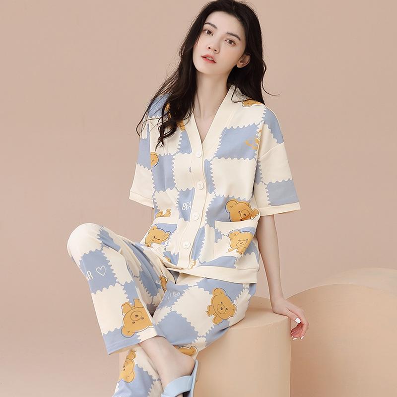 パジャマ レディース 春夏秋 綿100% 半袖長ズボン 上下セット 和風 前開き 薄手 通気性 快適 部屋着 リラックスウェア Vネック 全11色