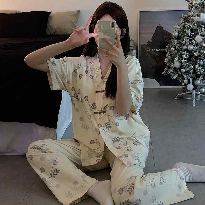 パジャマ レディース 春夏 半袖 長ズボン 上下セット ルームウェア 部屋着 和風 Vネック ポリエステル 涼しい 快適 薄手 リラックス ゆったり かわいい M L XL XXL