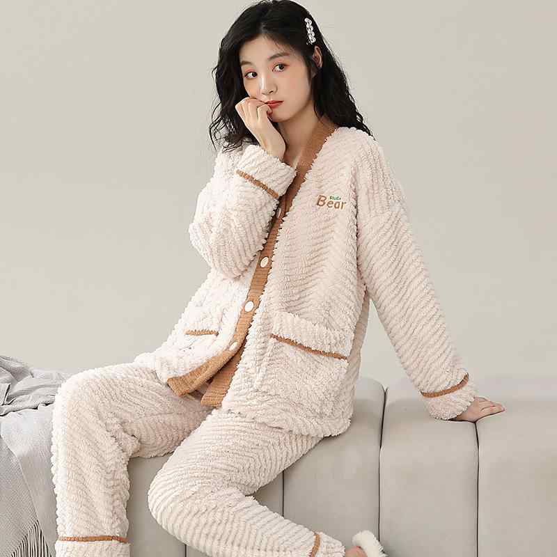 パジャマ レディース 秋冬 セットアップ フランネル 厚手 カーディガン 和風 部屋着 ルームウェア 大きいサイズ ゆったり ポリエステル 長袖 長ズボン あったか かわいい