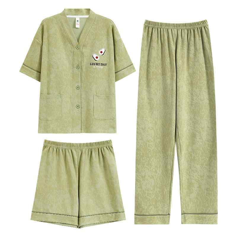 パジャマ レディース 春夏 半袖 短パン 長ズボン 3点セット 和風 カーディガン 薄手 Vネック 綿 部屋着 ルームウェア かわいい 女性用 M L XL XXL XXXL