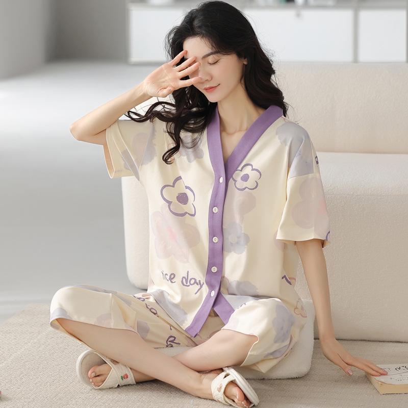 パジャマ レディース 半袖 Vネック 前開き 綿100% 夏用 7分丈パンツ 上下セット ルームウェア 婦人 薄手 寝巻き 部屋着 春夏 秋冬 涼しい 快適