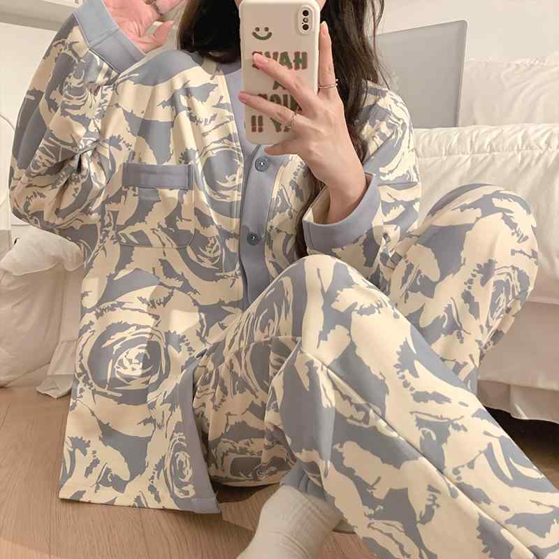 パジャマ レディース 春秋 綿 和風 カーディガン 高見え 婦人服 ルームウェア 上下セット M L XL 2XL 部屋着 寝間着 リラックス Vネック 長袖 長ズボン