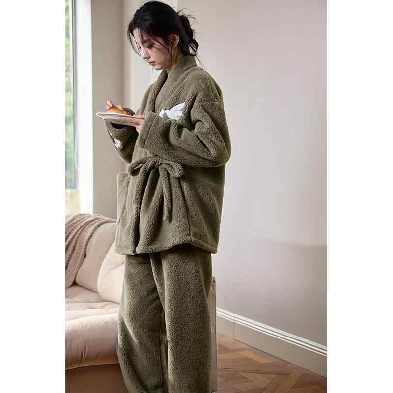 パジャマ レディース 秋冬 珊瑚フリース あったか 厚手 ルームウェア 上下セット 和風 Vネック 部屋着 寝間着 M L XL 2XL