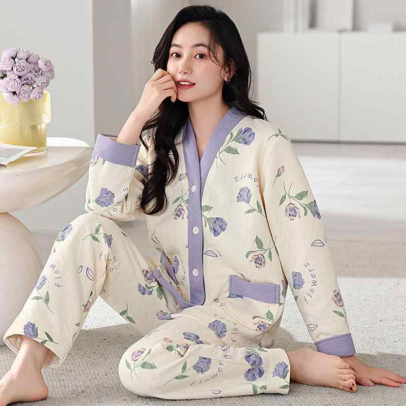 パジャマ レディース 秋冬 厚手 綿混 キルトニット 前開き 和風 カーディガン あったか 保温 大きいサイズ ルームウェア リラックス Vネック 長袖 長ズボン 上下セット