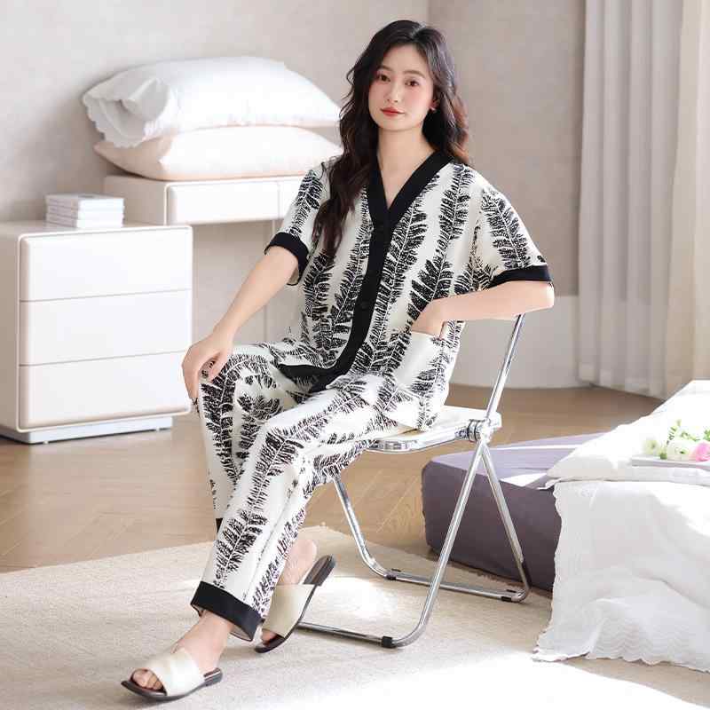 パジャマ レディース 春夏 綿100% 和風 ルームウェア 上下セット 半袖 長ズボン Vネック 薄手 贅沢