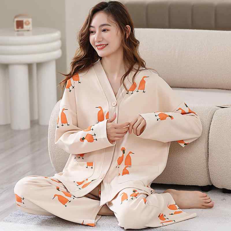 パジャマ レディース 春秋 長袖 綿 上下セット 秋冬 和風 ルームウェア 寝間着 部屋着 Vネック リラックス ゆったり 快適 かわいい M L XL 2XL 3XL