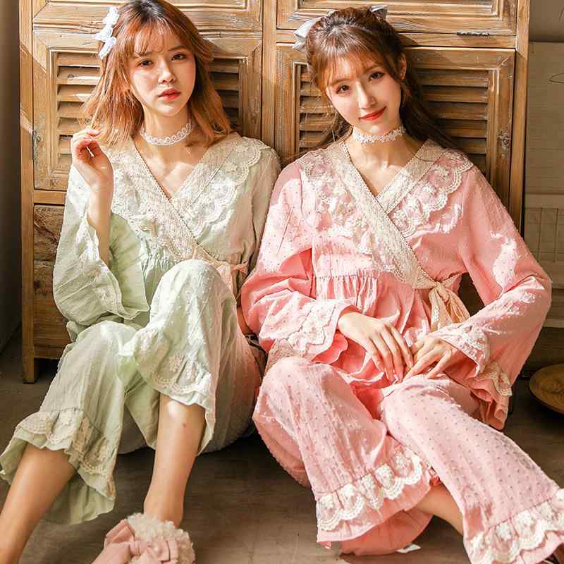 パジャマ レディース 春秋 長袖 レース セットアップ 綿 ルームウェア 上下セット Vネック 部屋着 婦人服 かわいい 薄手 涼しい 快適 ピンク系 グリーン