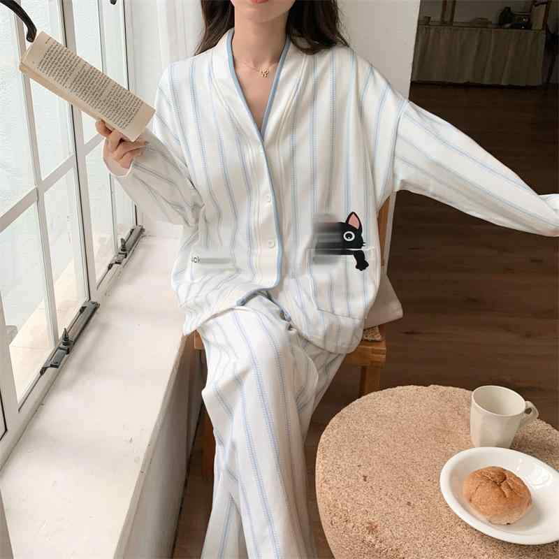 パジャマ レディース 春秋 長袖 綿 和風 Vネック ストライプ かわいい リラックス 部屋着 ルームウェア 上下セット