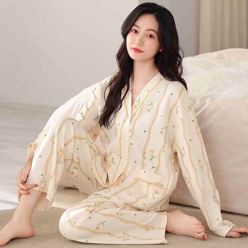 パジャマ レディース 長袖 綿100% 和風 カーディガン Vネック ルームウェア 上下セット 春秋冬 部屋着 寝間着 リラックスウェア