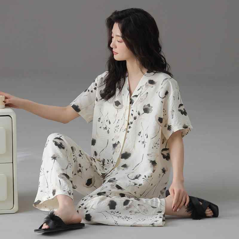 パジャマ レディース 春夏 上下セット 雲朵棉 和風 カーディガン 半袖 長ズボン 薄手 部屋着 リラックス ウェア ポリエステル Vネック 婦人 女性 E6701 E6702 E6703