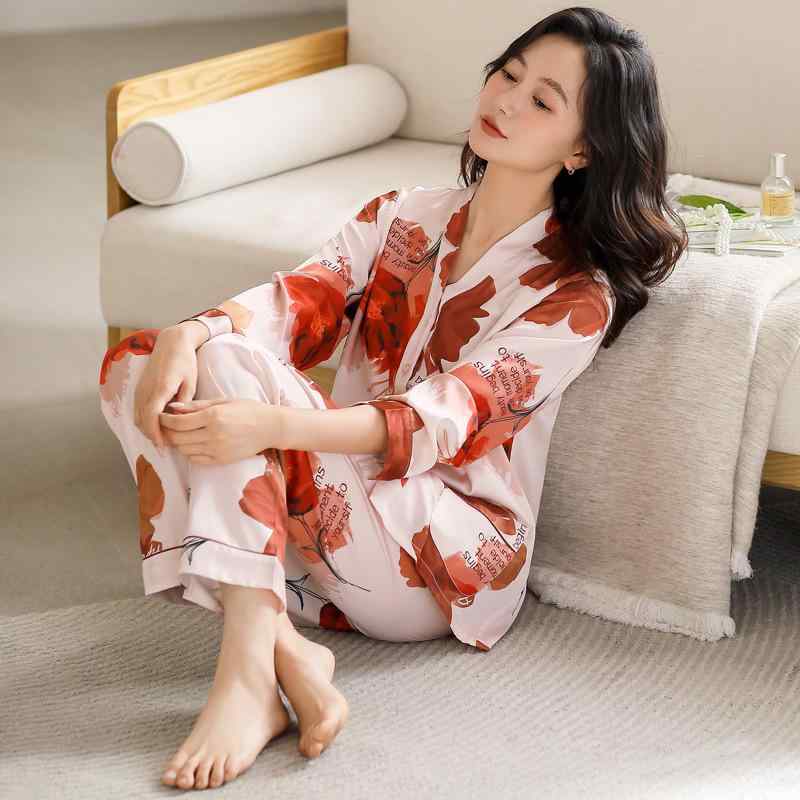 パジャマ レディース 春夏 セットアップ 接触冷感 長袖 Vネック ズボン 上下セット 部屋着 ルームウェア 寝巻き 薄手 サテン風 涼しい かわいい ポリエステル M L XL XXL