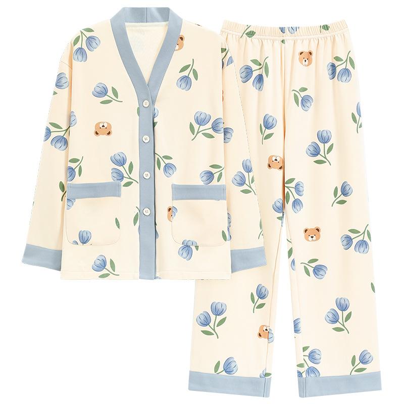 パジャマ レディース 春秋 ルームウェア 上下セット 綿 長袖 長ズボン Vネック 前開き カーディガン かわいい 和風 部屋着 寝間着 リラックス ゆったり 外着