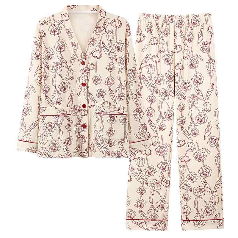 パジャマ レディース 女性用 長袖長ズボン 春秋 薄手 和風 カーディガン Vネック 胸パッド付き ポリエステル 部屋着 リラックス ウェア