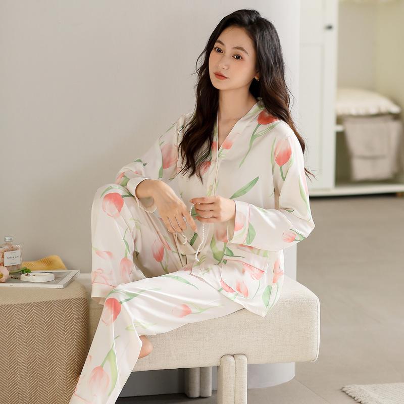 パジャマ レディース 春夏 接触冷感 長袖 Vネック セットアップ 部屋着 寝間着 ルームウェア サテン風 薄手 涼しい 伸縮性 ポリエステル かわいい おしゃれ M L XL XXL