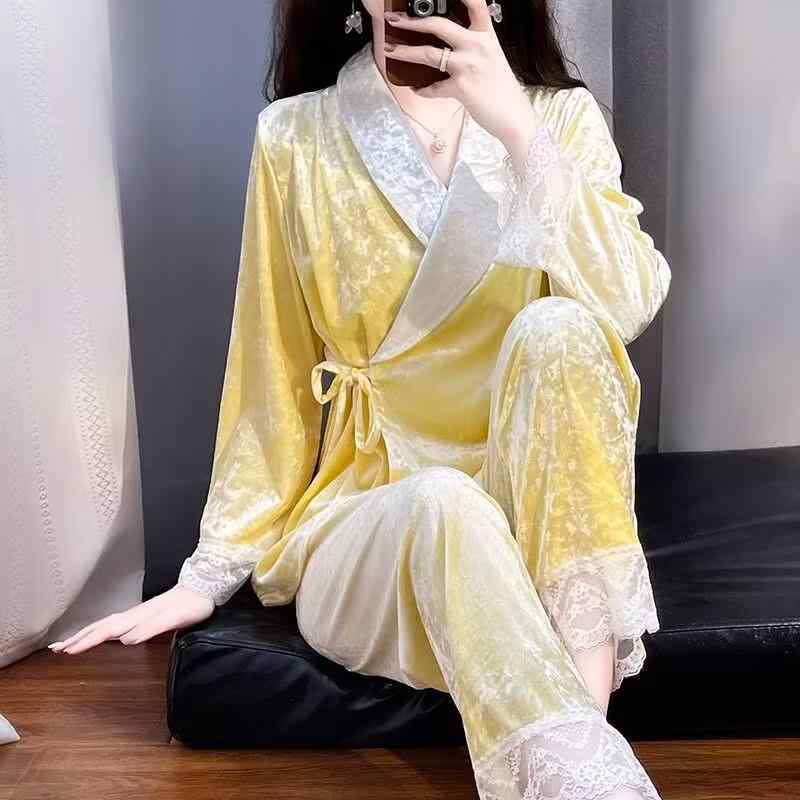パジャマ レディース 秋冬 高級感 和風 寝間着 セクシー 紐付き ベロア 部屋着 上下セット イエロー ピンク系 ポリエステル