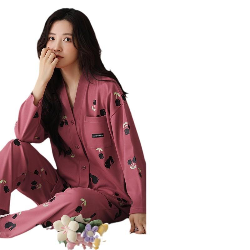 パジャマ レディース 春秋 長袖 前開き Vネック 和風 部屋着 ルームウェア 上下セット 薄手 綿 混紡 快適 睡眠 暖か 保温 女性 婦人 M L XL 2XL 3XL