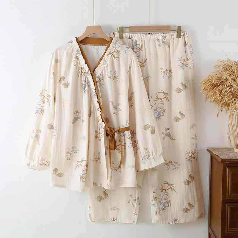 パジャマ レディース 春秋 綿 ガーゼ 和風 薄手 長袖 長ズボン 上下セット ルームウェア 部屋着 Vネック 古風 竹柄 M L XL