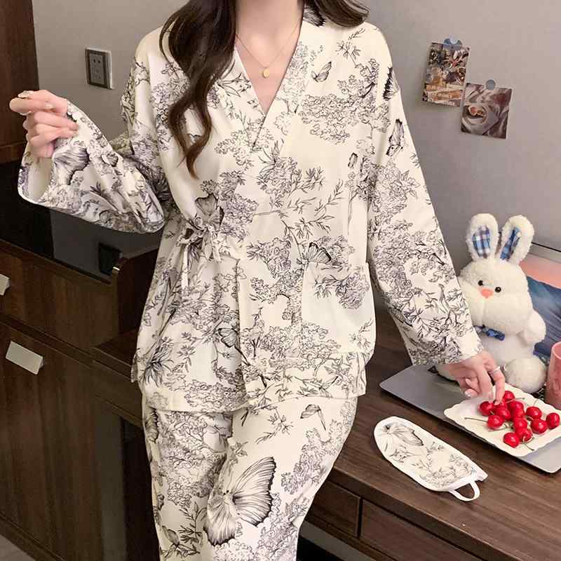 パジャマ レディース 春秋冬 かわいい Vネック 長袖 長ズボン 部屋着 ルームウェア 寝間着 上下セット 伸縮性 ポリエステル 暖か 保温 花柄
