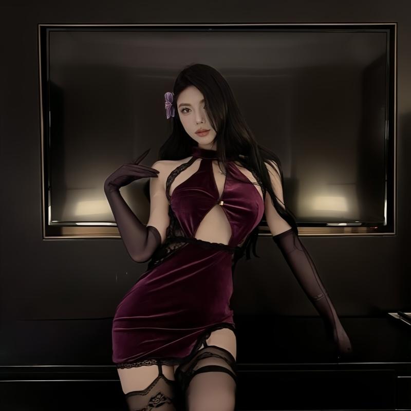 チャイナドレス レディース セクシー ランジェリー 穴あき ベビードール コスチューム ポリエステル 紫 パープル スリット タイト ミニ ワンピース 伸縮性 エロ かわいい