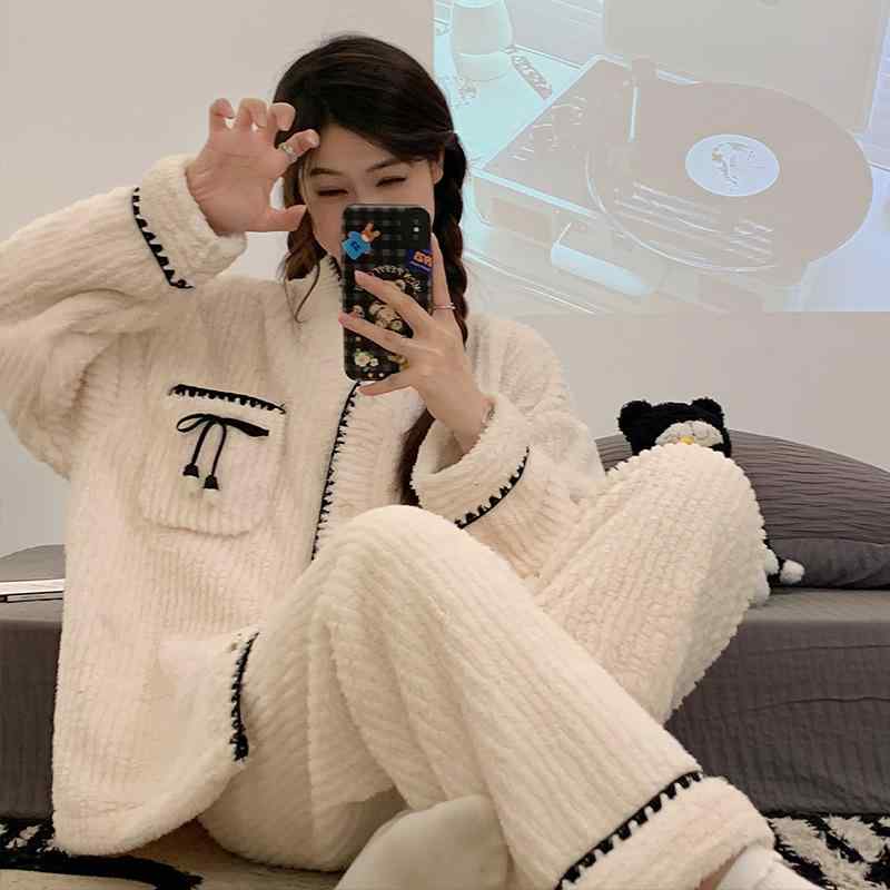 和服 レディース 珊瑚绒 パジャマ 開襟 カーディガン 厚手 フランネル ルームウェア 上下セット 秋冬 小香風 あったか 保温 Vネック 長袖 長ズボン ポリエステル 部屋着 寝間着