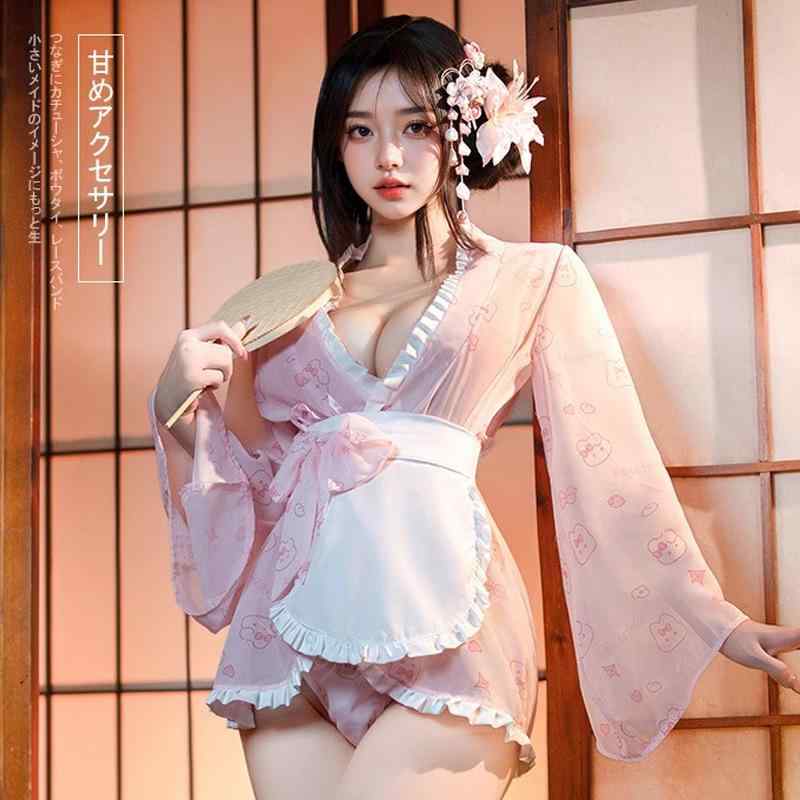 コスプレ 和服 レディース 桜色 ピンク色 女メイド風 制服 かわいい バニーガール風 プリント 寝間着 ..