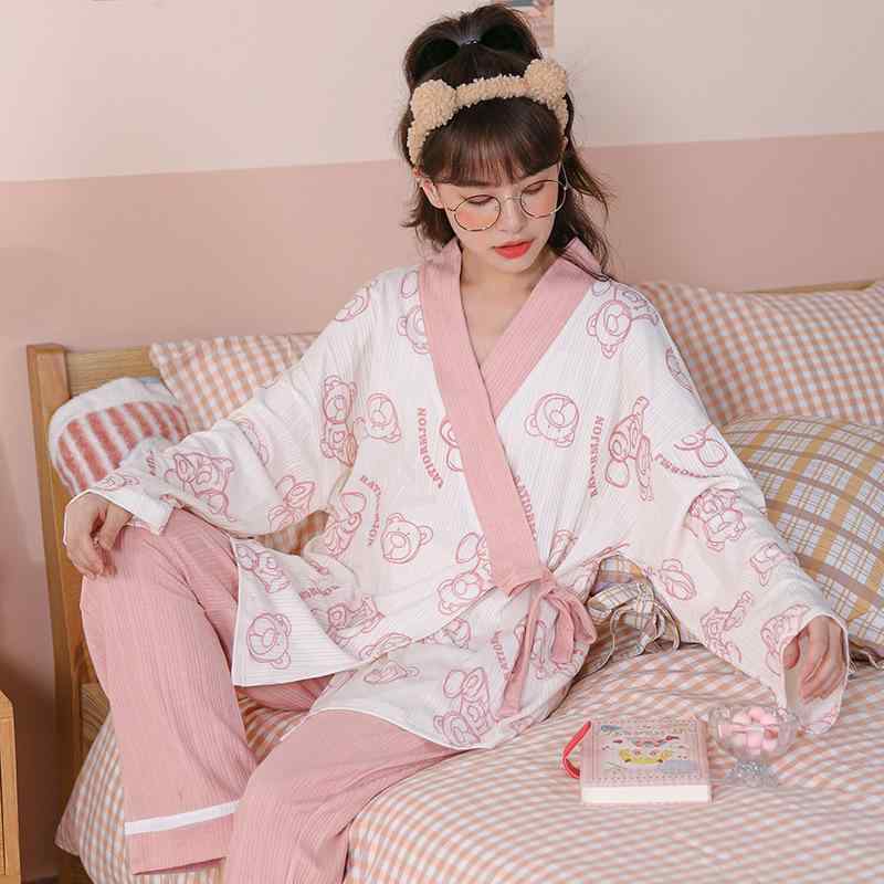 パジャマ レディース 和風 長袖 長ズボン 上下セット 綿 ルームウェア 春秋冬 Vネック 部屋着 寝間着 M L XL XXL ピンク系