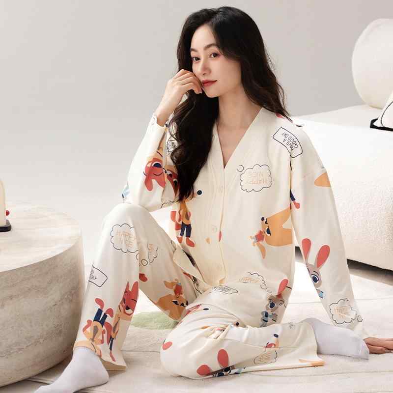 パジャマ レディース 春秋 長袖 長ズボン 上下セット ルームウェア 部屋着 Vネック カーディガンタイプ ゆったりサイズ 綿混紡 リラックス ウェア かわいい 女性用