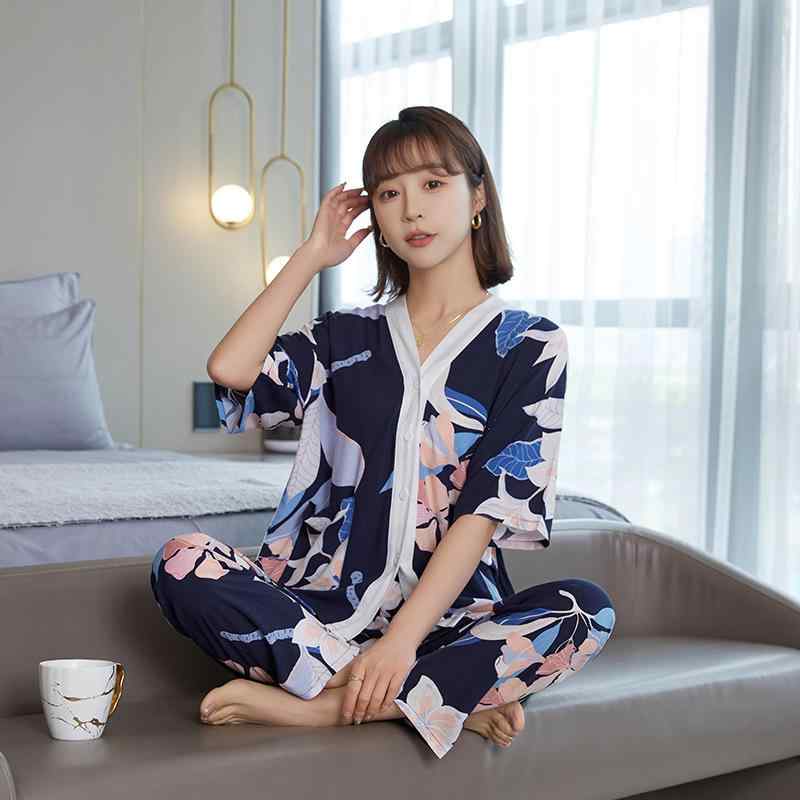 パジャマ レディース 春秋 薄手 長袖長ズボン 上下セット 接触冷感 ルームウェア 部屋着 寝間着 婦人服 女性用 綿 涼しい 快適 普段使い リラックス ゆったり 紺 ネイビー ピンク 花柄