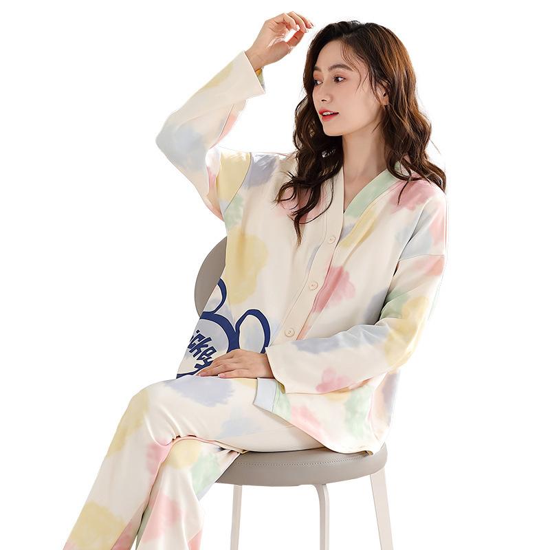 パジャマ レディース 秋冬 綿 長袖 前開き 和風 かわいい ルームウェア 上下セット 部屋着 リラックス Vネック 胸パッド付き