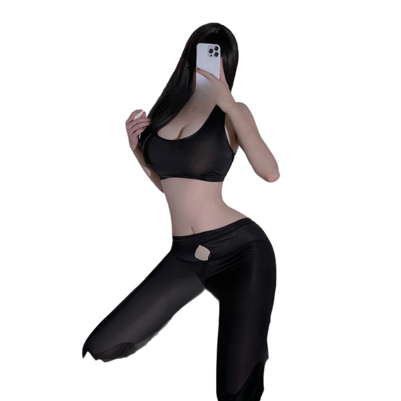 ランジェリー レディース 接触冷感 スリーポイント セクシー ヨガウェア 開きファスナー ストッキング 制服セット ポリエステル ブラック グレー