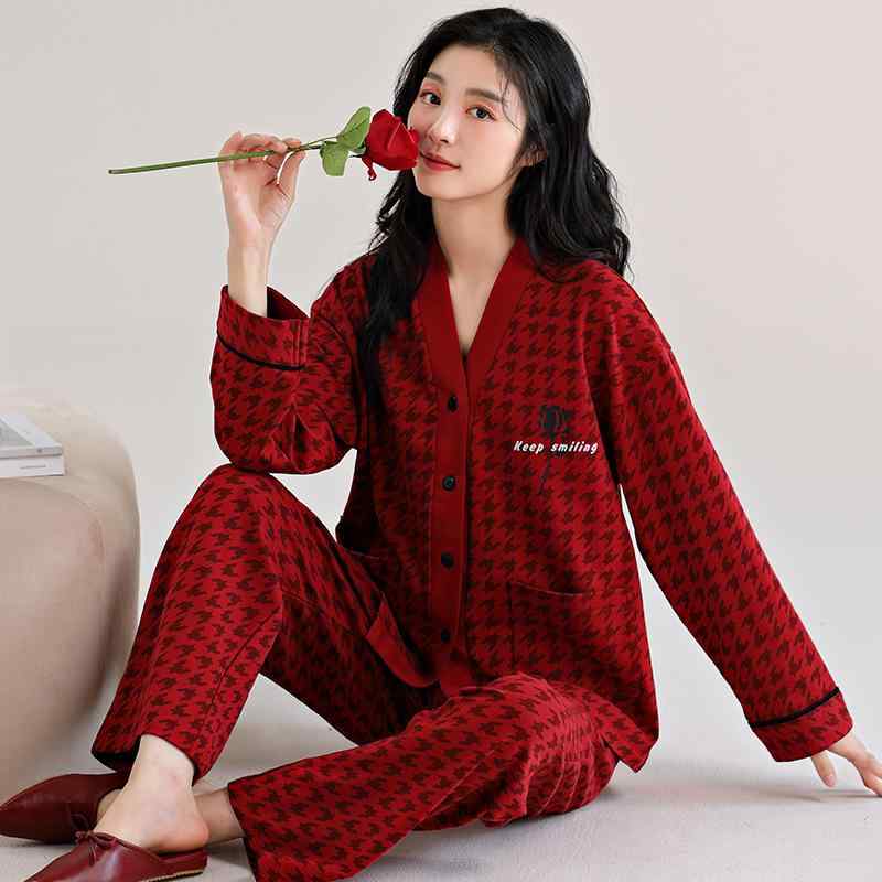 パジャマ レディース 春秋 長袖 前開き 上下セット 綿100% 和風 ルームウェア 秋冬 Vネック 部屋着 寝間着 通気性 快適 睡眠 リラックス ウェア 赤色 レッド系