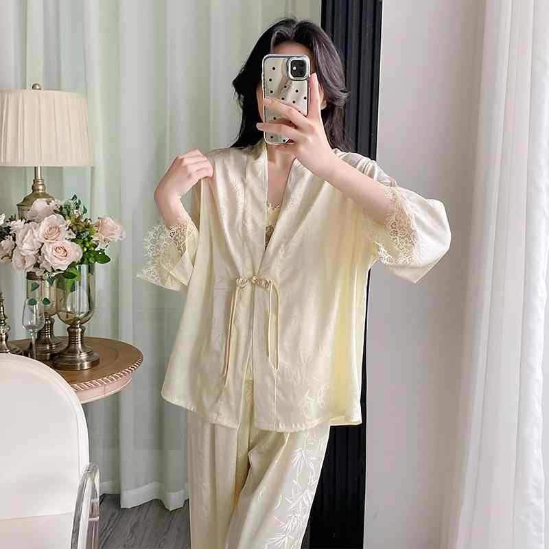 パジャマ レディース 3点セット 接触冷感 キャミソール 和風 カーディガン ロングパンツ 薄手 部屋着 ルームウェア 米黄色