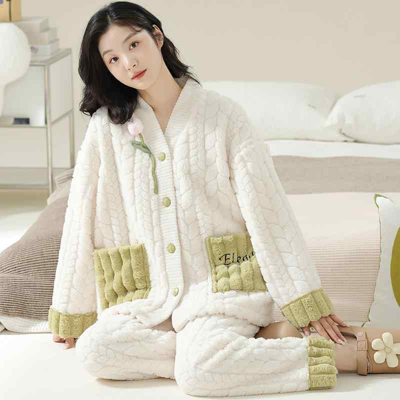 パジャマ レディース 秋冬 和風 カーディガン あったか 厚手 上下セット ルームウェア 部屋着 リラックス ゆったり ポリエステル Vネック 長袖 文芸調