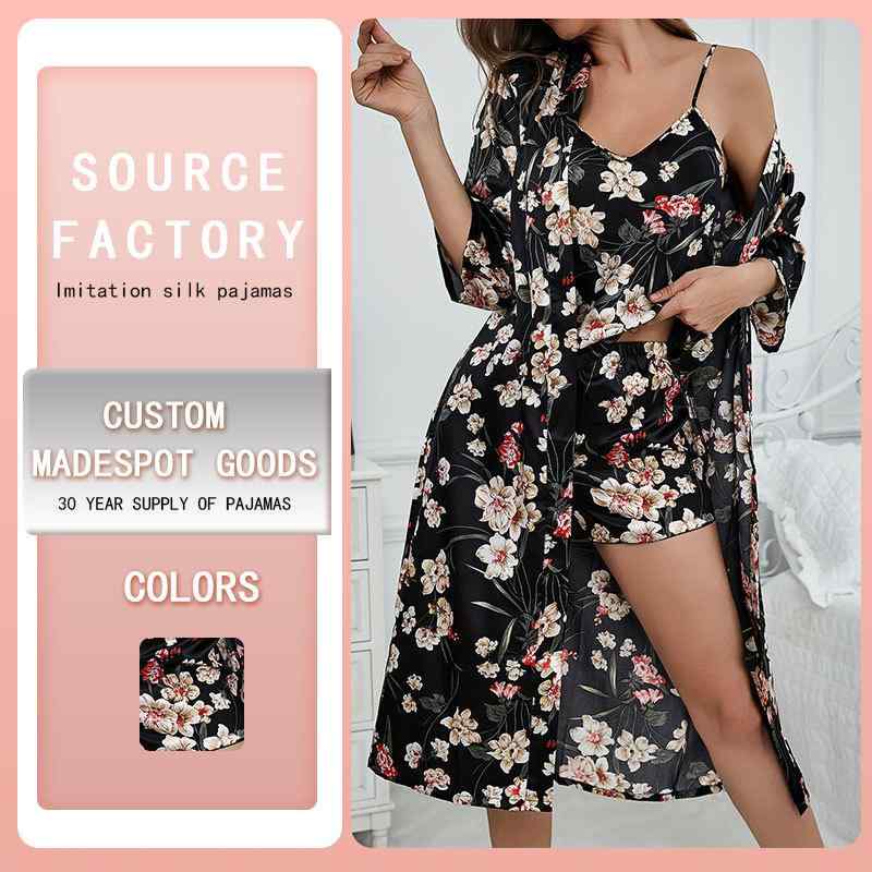 パジャマ レディース 再生繊維 サテン 和風 カーディガン 浴衣 薄手 春夏 秋冬 7分袖 ショートパンツ 3点セット 接触冷感 伸縮性 抗菌性 ルームウェア