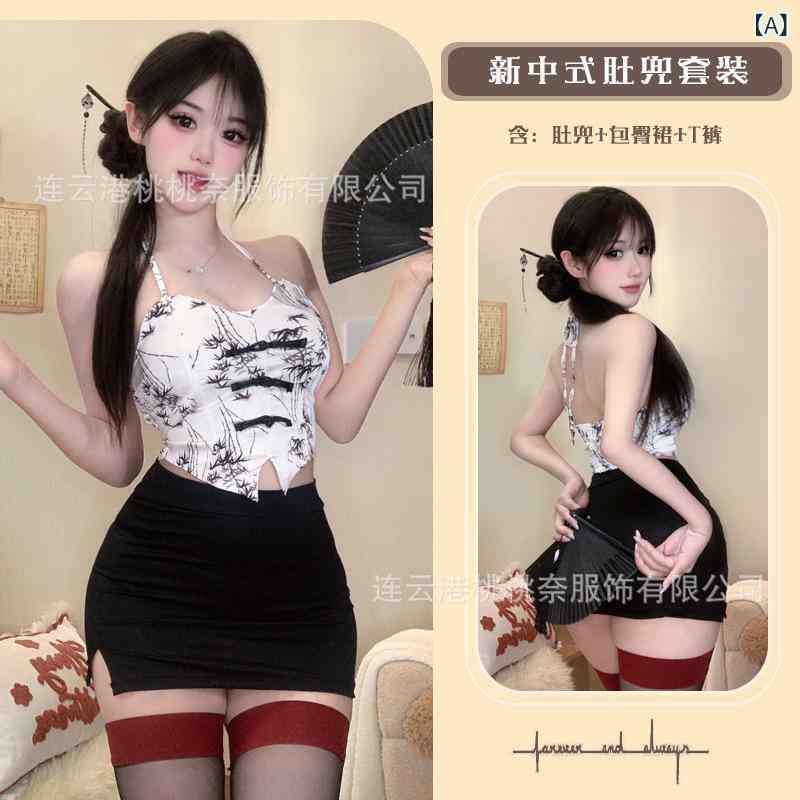 チャイナドレス レディース セクシー ランジェリー ビスチェ スリップ 紐 Tバック 3点セット ポリエステル レトロ 水墨画 民族衣装 コスチューム ベビードール