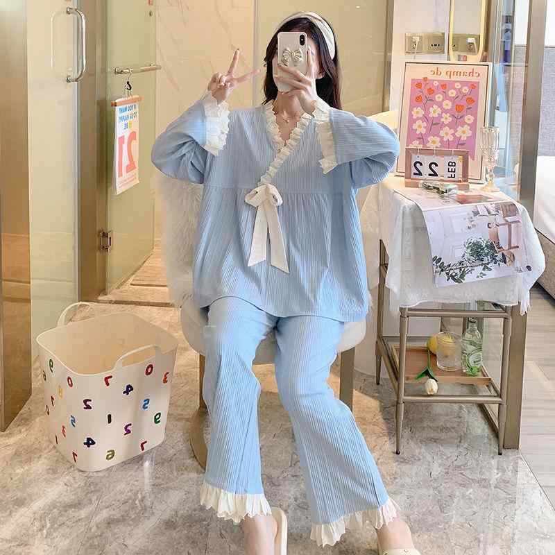 パジャマ レディース 春秋 長袖 セットアップ ラウンドネック レース かわいい 部屋着 ルームウェア ポリエステル 天藍色 豆沙粉色 紫色 黄色 米白色