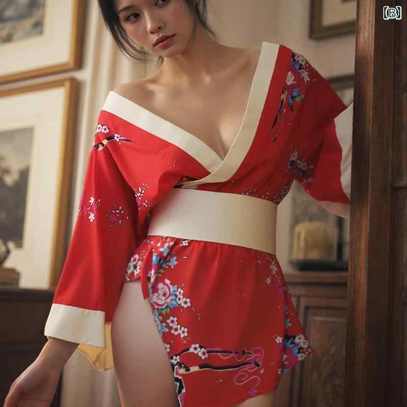 シャドーテールの着物 レディース セクシー ランジェリー 和風 コスプレ 衣装 浴衣 趣味 部屋着 寝巻き ブラック レッド ポリエステル｜アングル3