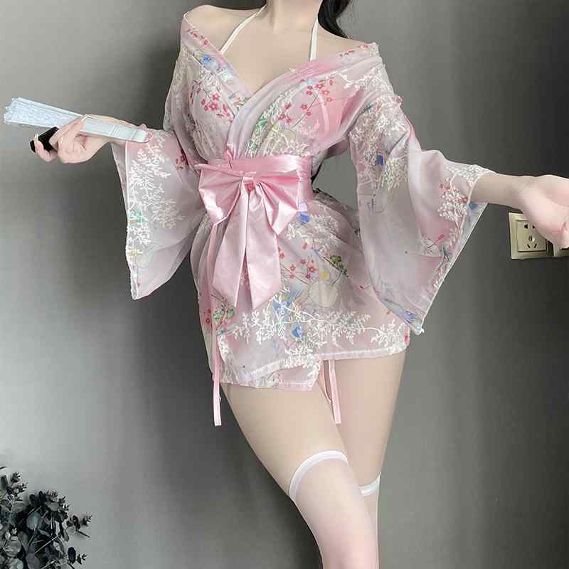 和服 レディース 制服 浴衣 セクシー ランジェリー セットアップ 誘惑 コスチューム かわいい ポリエステル プリント ブルー ピンク 均码