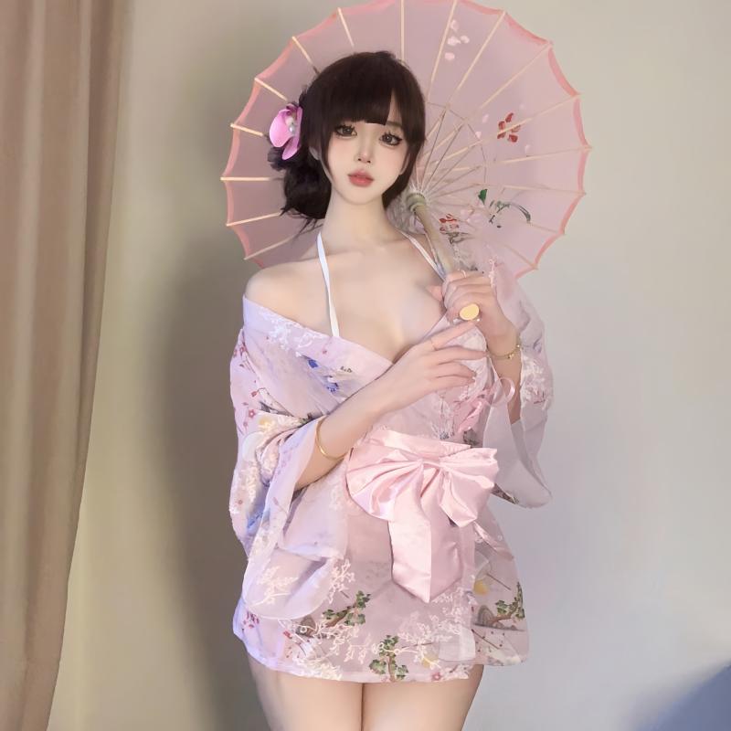 和服 レディース セクシー ランジェリー コスプレ 浴衣 雪紡 シフォン 蝶結び リボン 刺繍 ピンク系 ブ..