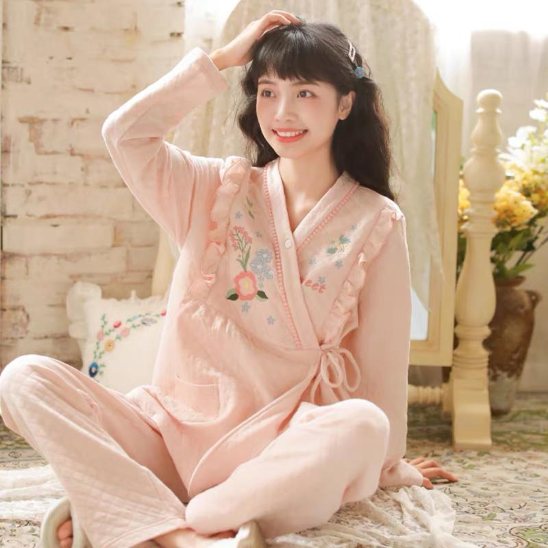 パジャマ レディース 秋冬 厚手 開襟 Vネック 長袖 長ズボン 上下セット 部屋着 ルームウェア 暖かい ポリエステル かわいい M L XL XXL XXXL