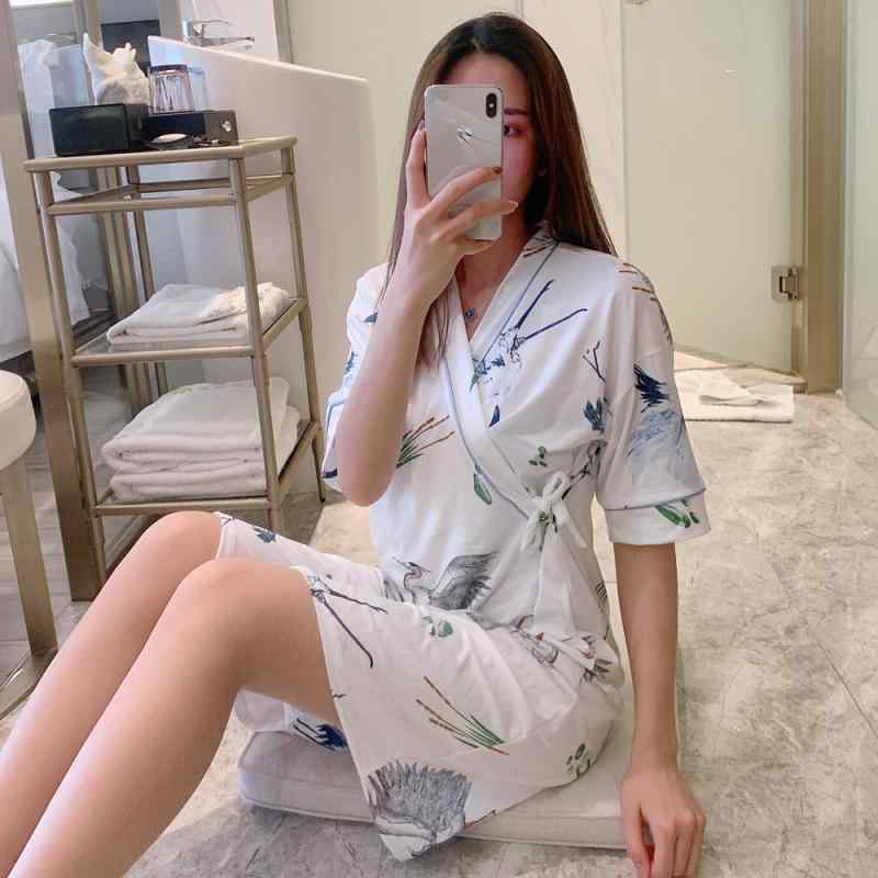 パジャマ レディース 半袖 浴衣風 Vネック 寝巻き 再生繊維 ミディ丈 ルームウェア 春夏 かわいい アニマル柄 花柄 ゆったり M L XL XXL