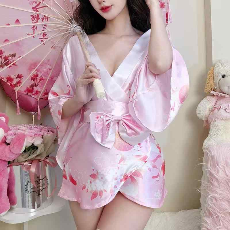 下着 レディース セクシー ランジェリー 和風 和服 花柄 狐柄 浴衣風 寝巻き ローブ 腰紐 Tバック ショーツ 2点セット ポリエステル パープル ピンク 部屋着 コスプレ