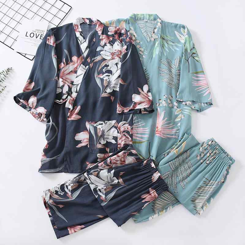 パジャマ レディース 春夏 薄手 綿 浴衣風 寝巻き 接触冷感 涼しい 快適 9分袖 蝶柄 花柄 深灰色 浅ブルー