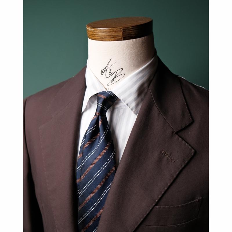 ネクタイ キッズ 子供用 深青色 ストライプ柄 ウール 手作り 半裏地 真シルク ジャカード イタリア風