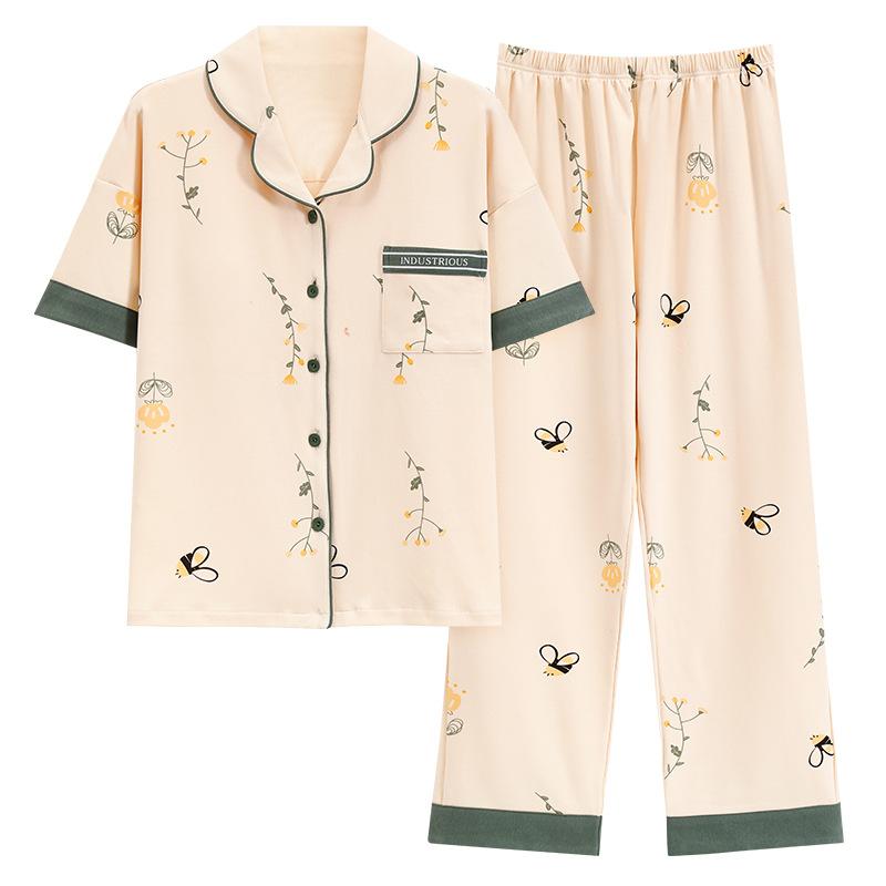 パジャマ レディース 女性用 春秋 半袖長ズボン コットン 大きいサイズ Vネック 和風 カーディガンタイプ ホームウェア 部屋着