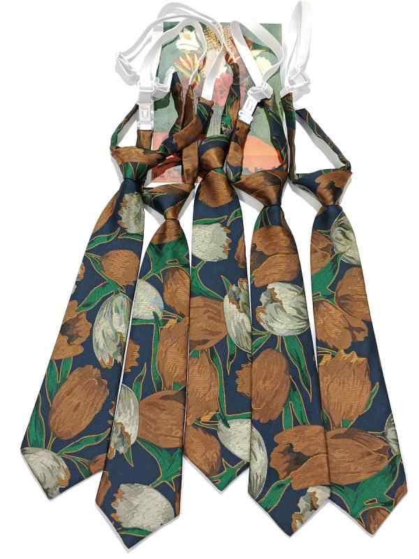 ネクタイ レディース 学生 レトロ 郁金香 チューリップ 花柄 模様 ポリエステル 繊維 短め ワンタッチ 装着 ブラウン コーヒー色 普段使い 上品